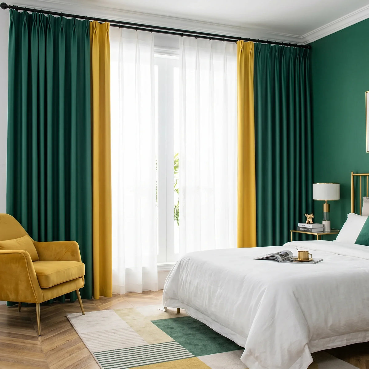 Room Darkening Curtains Forest Green & Mustard