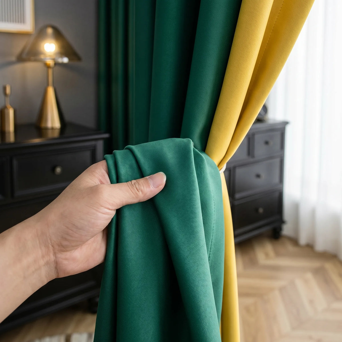 Room Darkening Curtains Forest Green & Mustard