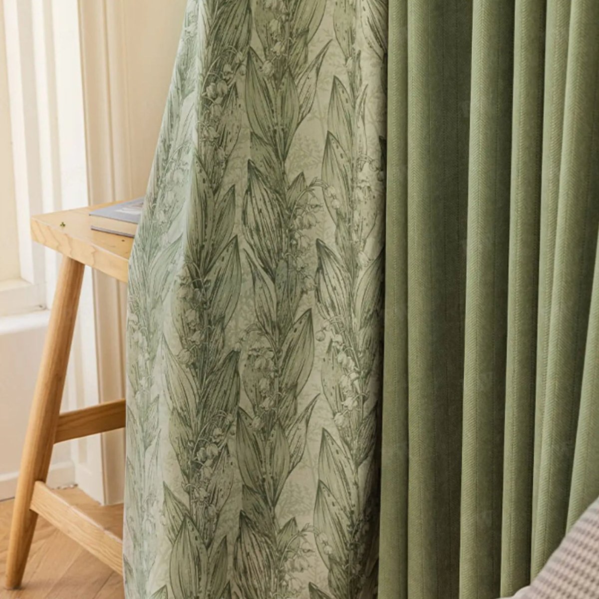 Linen Curtain Sage Green Patterned
