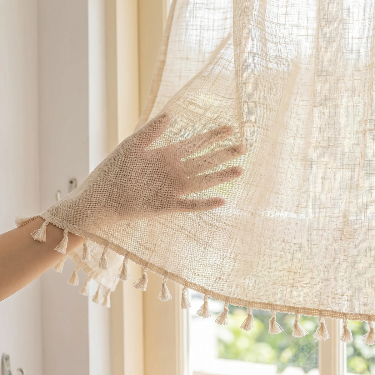 Linen Café Curtain Light Beige — Wide