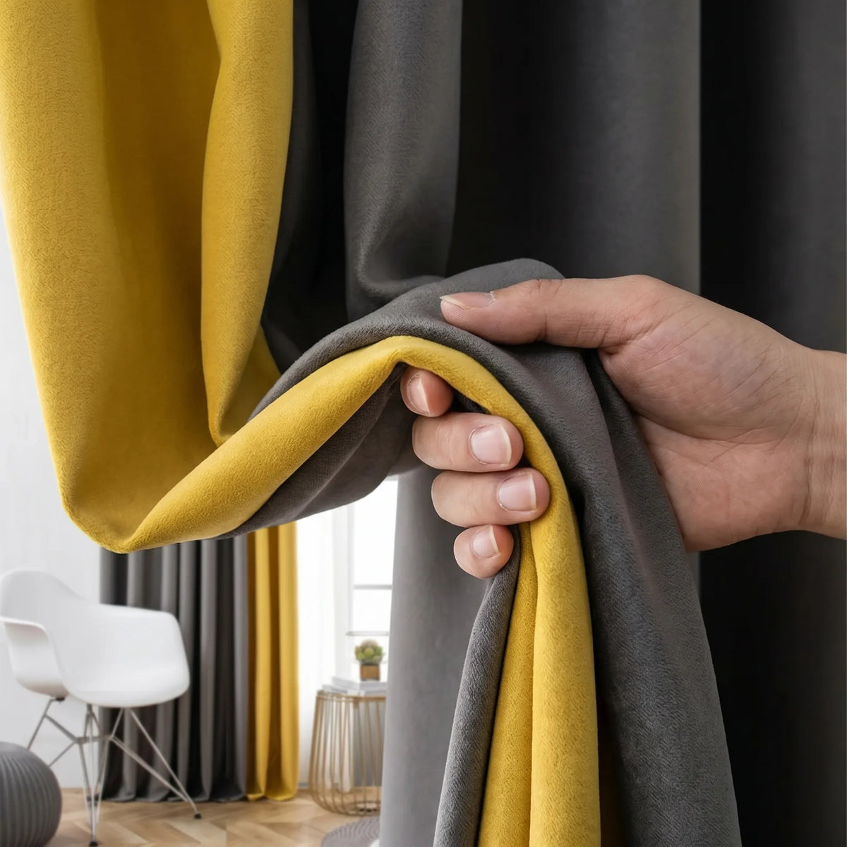 Room Darkening Curtains Grey & Mustard