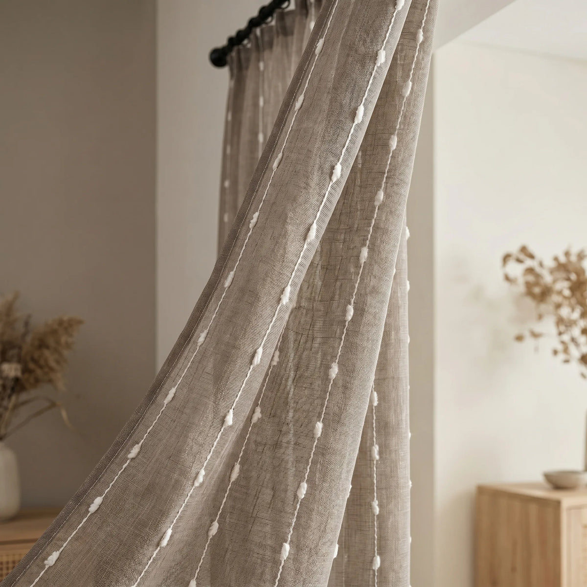 Linen Sheer Curtain Brown Patterned