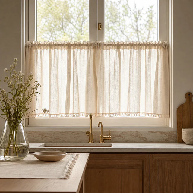 Linen Café Curtain Beige — Short