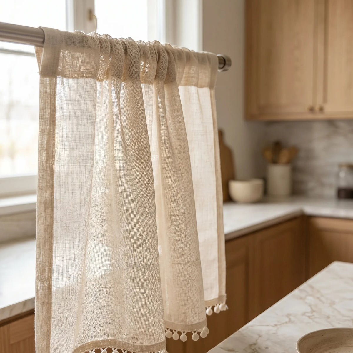 Linen Café Curtain Beige — Short